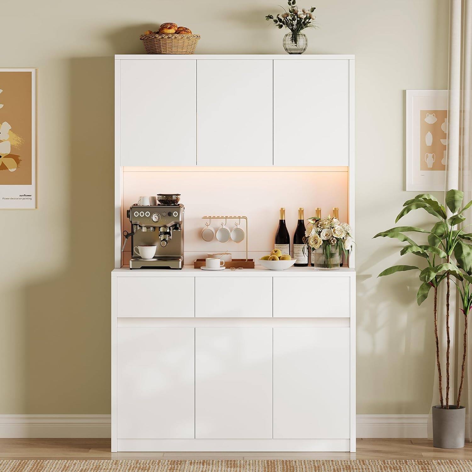 Left. Homhougo - Kitchen Pantry Cabinet,71 in Tall Storage Cabinet with Doors&Shelves Adjustable, Kitchen Storage Hutch with Microwave - Cream White.