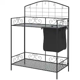 Outsunny - Potting Bench Table, Metal Garden Workstation, Work Bench with Large Build-In Bag with Cover - Black