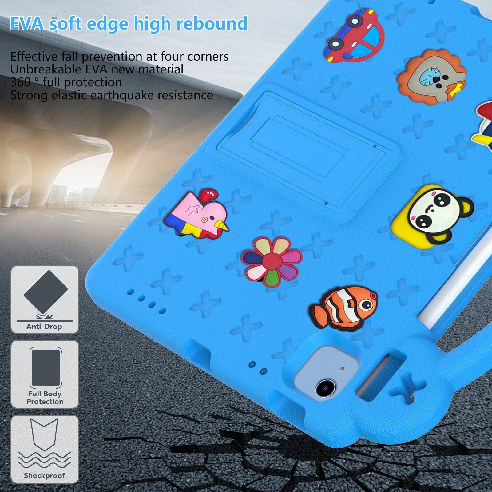 EVA soft edge high rebound  
Effective fall prevention at four corners  
Unbreakable EVA new material  
360° full protection  
Strong elastic earthquake resistance  

Anti-Drop  
Full Body Protection  
Shockproof