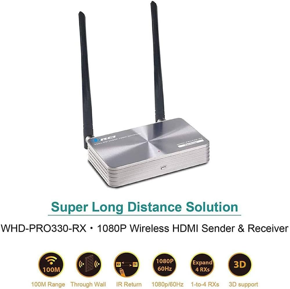 Super Long Distance Solution, WHD-PRO330-RX 1080P Wireless HDMI Sender & Receiver, 100M Range, Through Wall, IR Return, 1080p/60Hz, Expand 4 RXs, 3D support