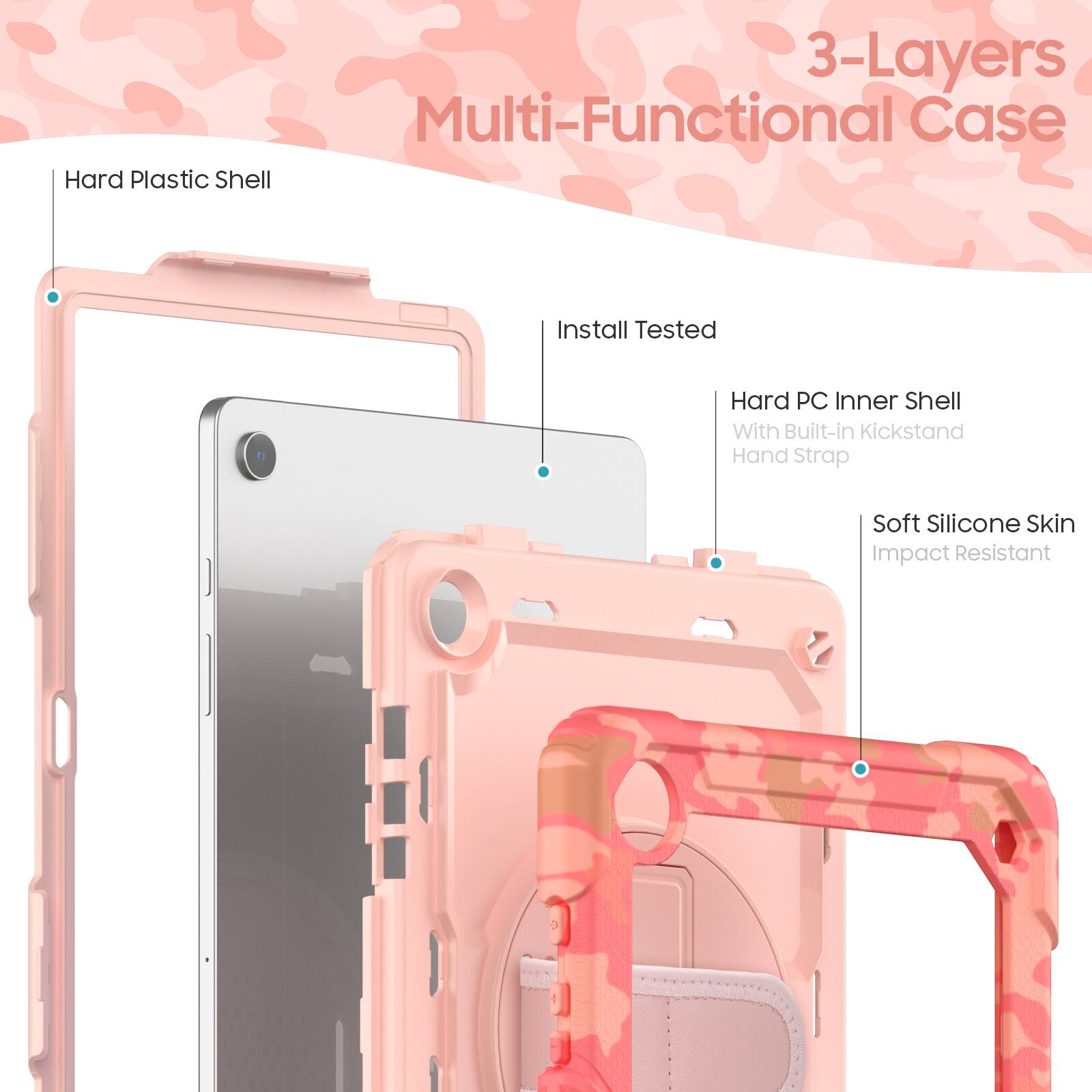 3-Layers Multi-Functional Case

- Hard Plastic Shell
- Install Tested
- Hard PC Inner Shell with Built-in Kickstand Hand Strap
- Soft Silicone Skin
- Impact Resistant