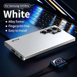 Dteck - for Samsung Galaxy S25 Ultra Case, Heavy Duty Metal Bumper Magnetic Adsorption Shockproof Protection Camera Cover - White