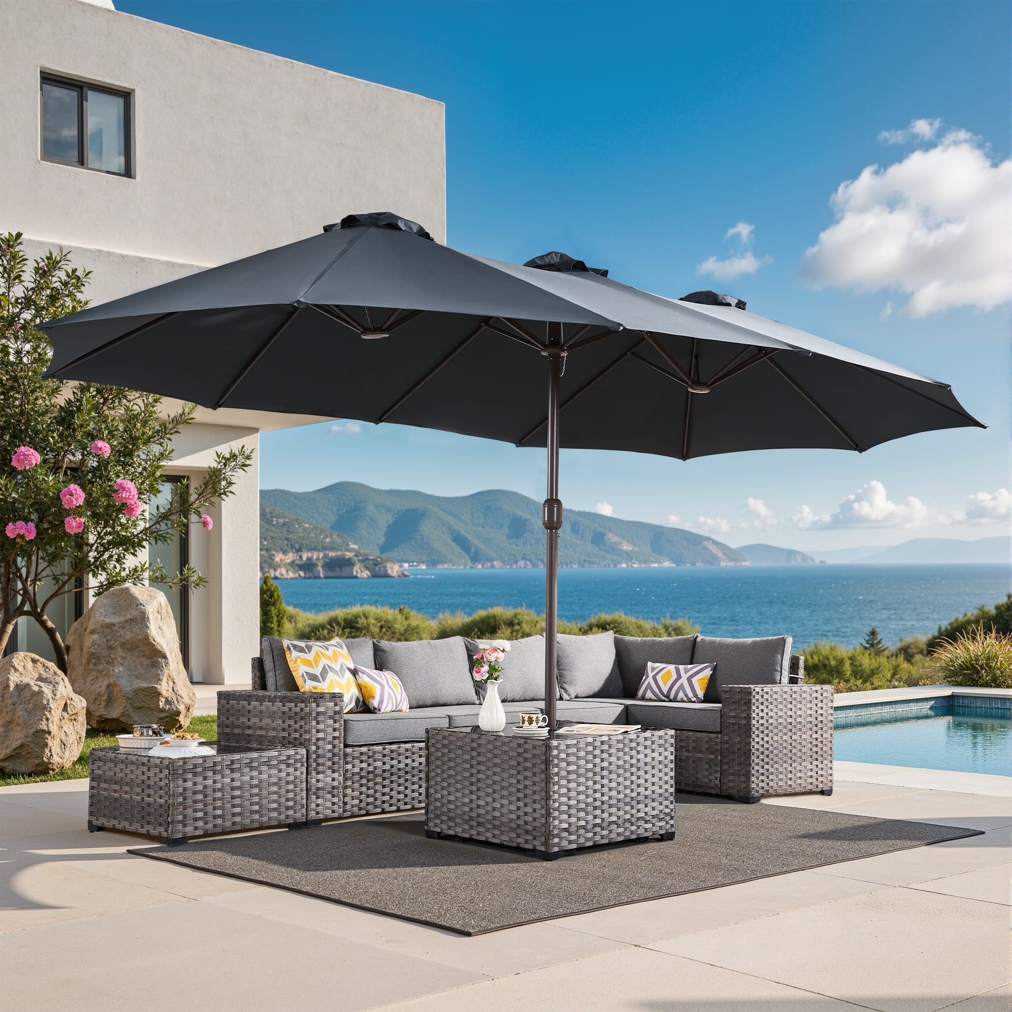 Ovios - 15ft Large Patio Umbrella with Base Double-Sided Outdoor Rectangle Umbrella for Market Deck & Backyard - Dark Gray