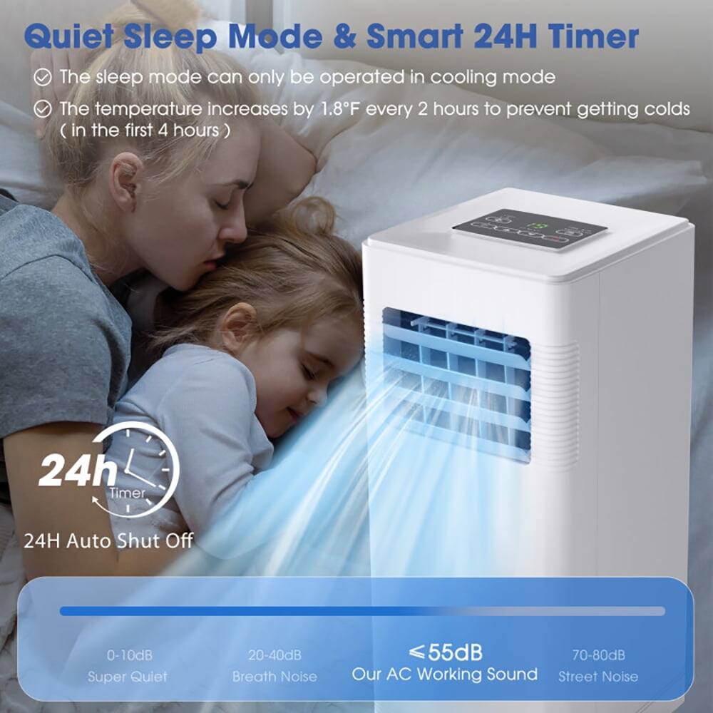 Quiet Sleep Mode & Smart 24H Timer

- The sleep mode can only be operated in cooling mode
- The temperature increases by 1.8°F every 2 hours to prevent getting colds (in the first 4 hours)

24H Timer
24H Auto Shut Off

0-10dB Super Quiet
20-40dB Breath Noise
≤55dB Our AC Working Sound
70-80dB Street Noise