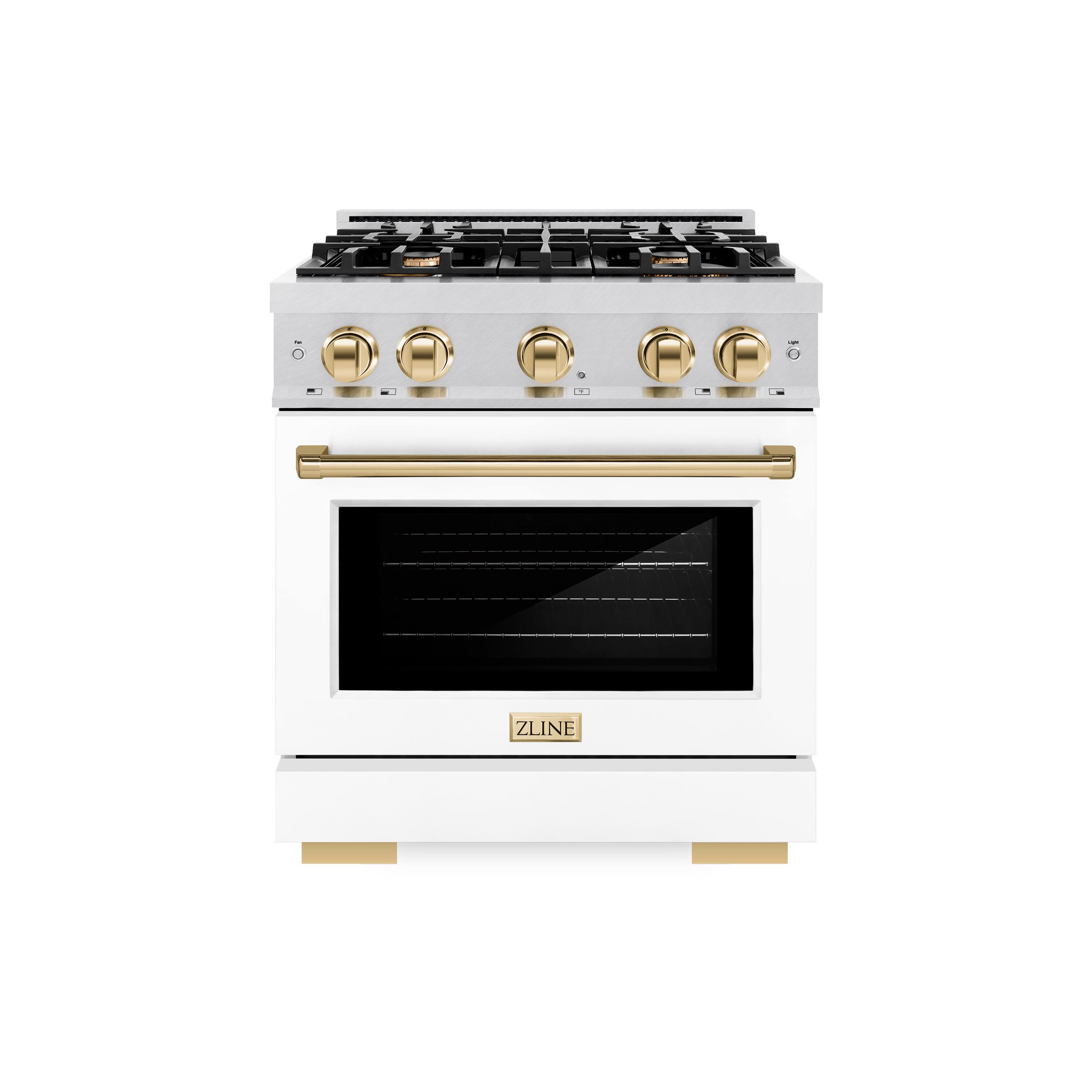 Angle. ZLINE - ZLINE Autograph 30 in. 4.2 cu. ft. Freestanding Select Satin Steel Gas Range w/ White Door & Gold Accents - Satin Stainless Steel.