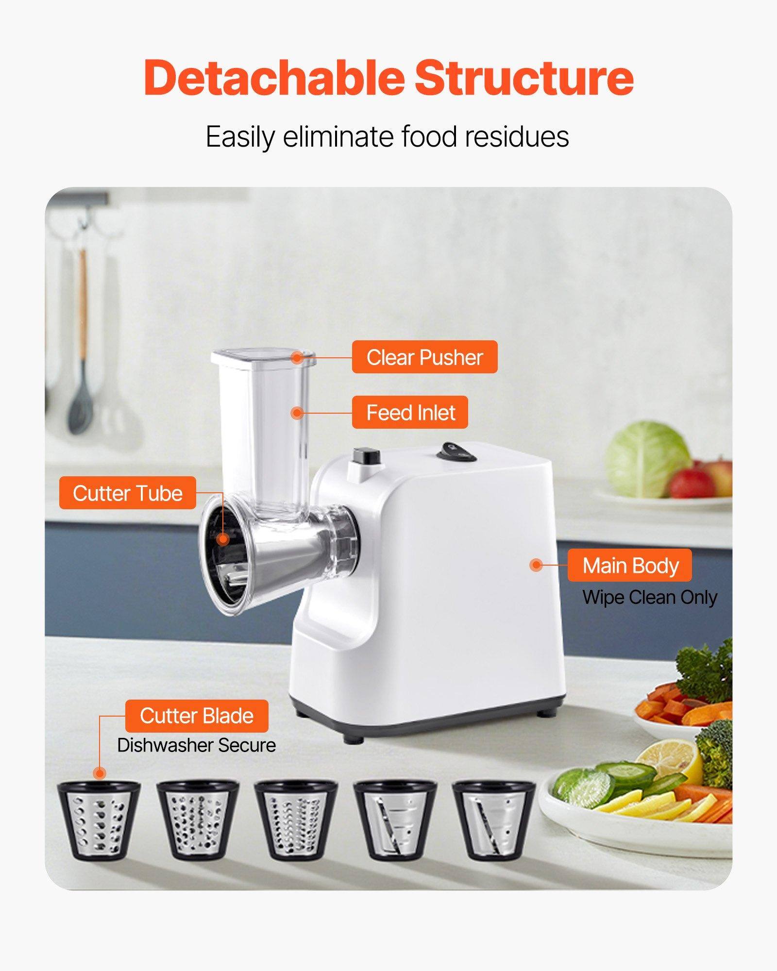 Detachable Structure  
Easily eliminate food residues  

- Clear Pusher  
- Feed Inlet  
- Cutter Tube  
- Main Body (Wipe Clean Only)  
- Cutter Blade (Dishwasher Secure)
