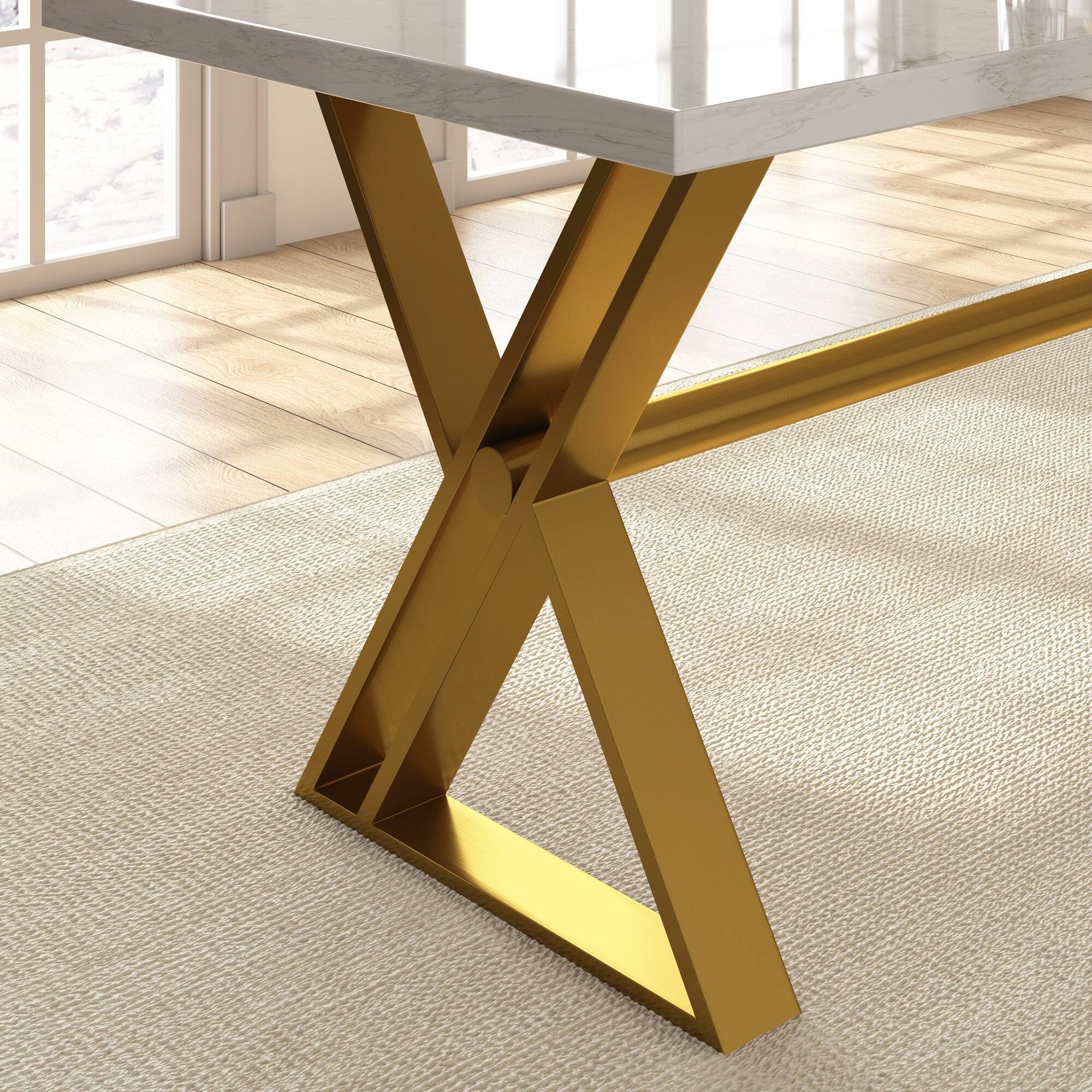 Alt View 7. Boyel Living - White Marble 70.87 Inch Cross Legs Dining Table Seats 6 Modern Gold Stainless Steel Base - White.
