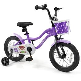 Costway - 14" Kids Bike with Training Wheels, Basket, Hand & Coaster Brakes, Adjustable Seat - Purple