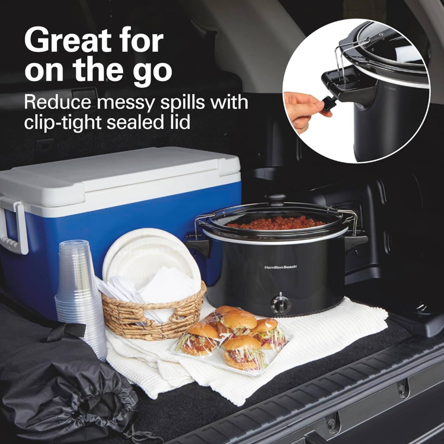 Great for on the go  
Reduce messy spills with clip-tight sealed lid  
Hamilton Beach