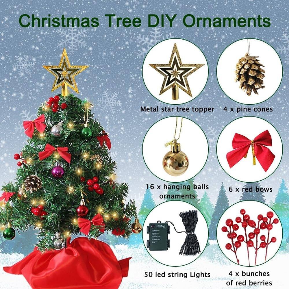 Christmas Tree DIY Ornaments

- Metal star tree topper
- 4 x pine cones
- 16 x hanging balls ornaments
- 6 x red bows
- 50 led string Lights
- 4 x bunches of red berries