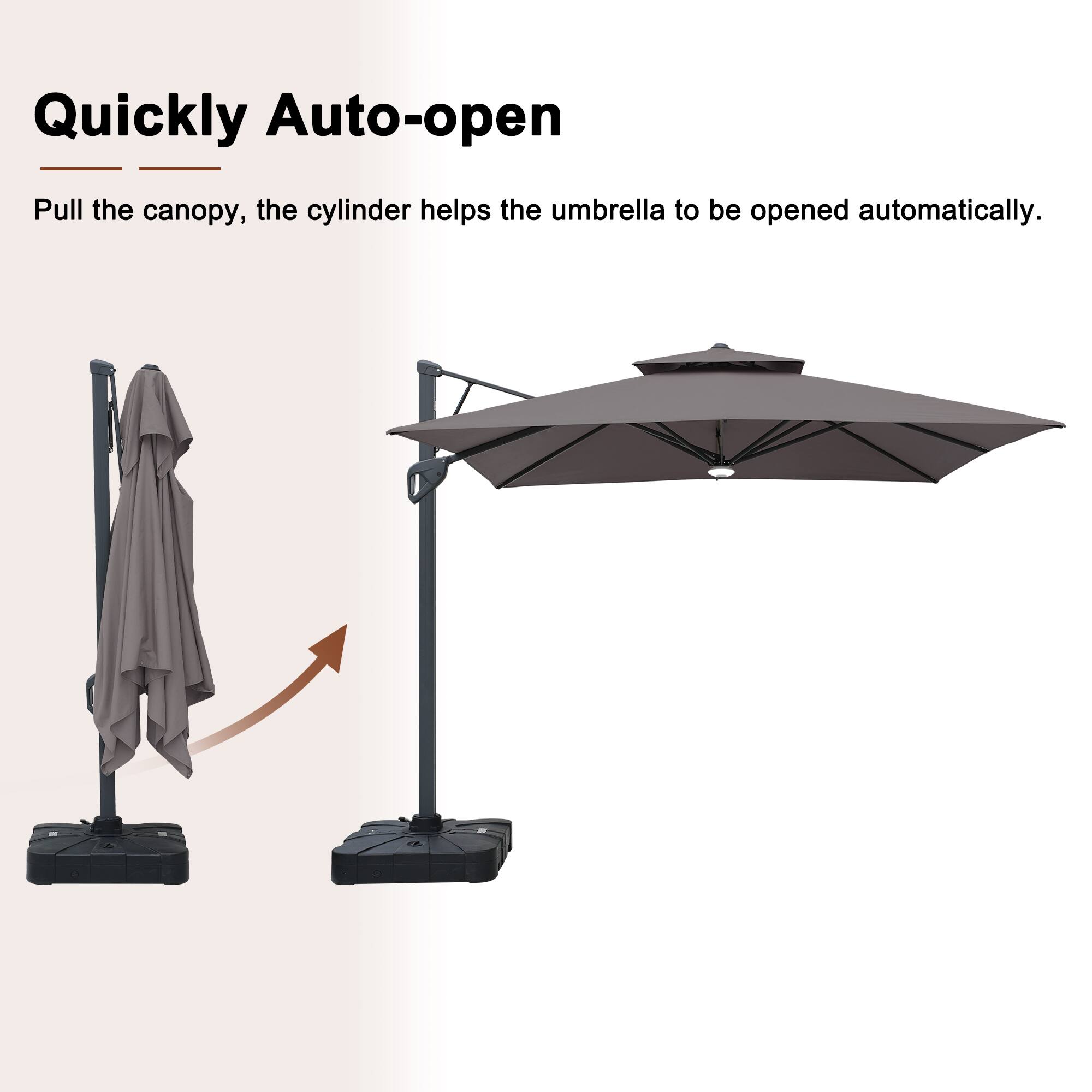 Quickly Auto-open  
Pull the canopy, the cylinder helps the umbrella to be opened automatically.