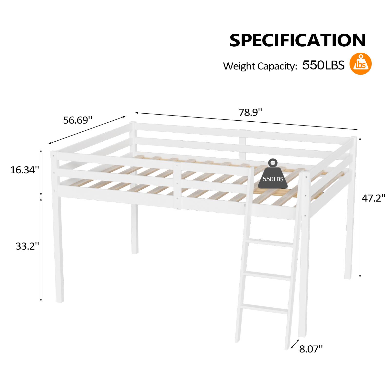 SPECIFICATION  
Weight Capacity: 550LBS  
56.69" x 78.9" x 16.34"  
47.2" x 33.2" x 8.07"