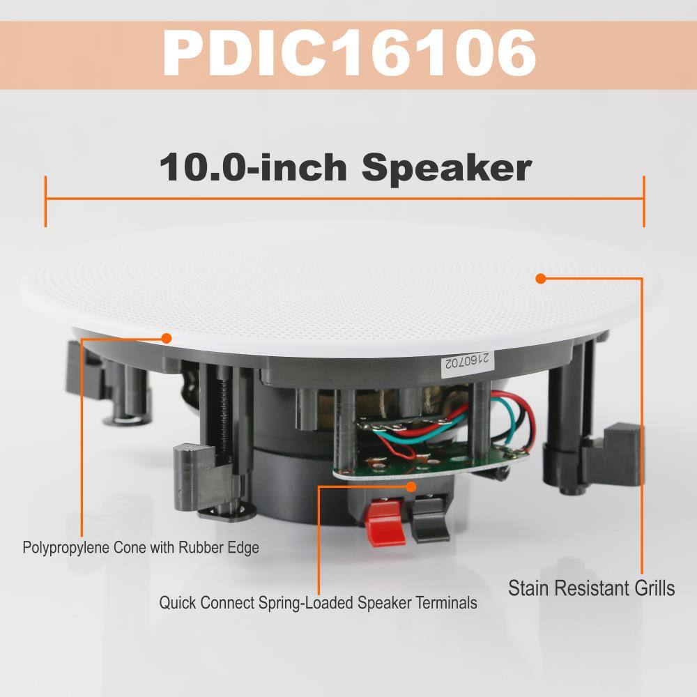PDIC16106

10.0-inch Speaker

- Polypropylene Cone with Rubber Edge
- Quick Connect Spring-Loaded Speaker Terminals
- Stain Resistant Grills