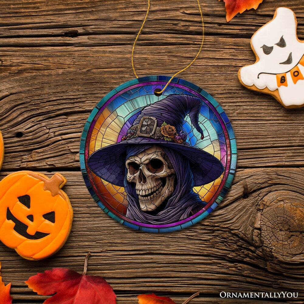 Back. OrnamentallyYou - Witchy Grin Skull with Hat and Scarf Stained Glass Style Ceramic Ornament Halloween Themed - Multi-colored.