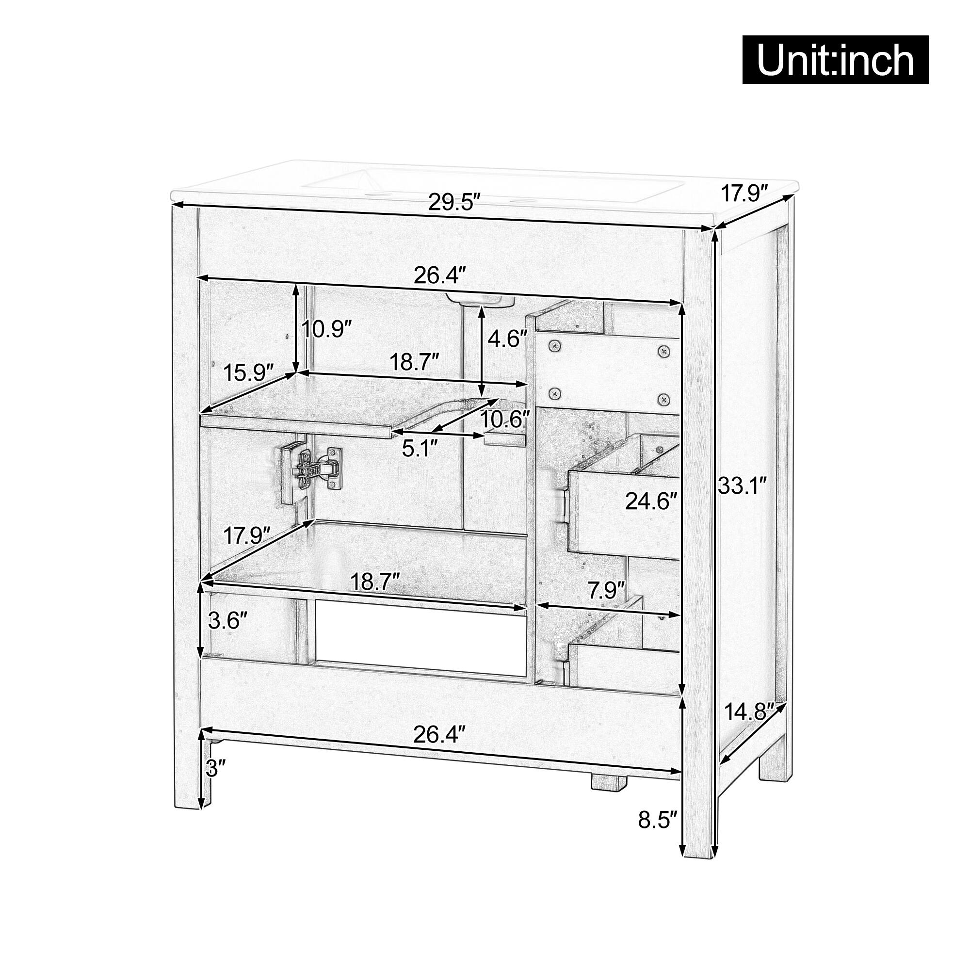 Unit: inch  
29.5"  
17.9"  
26.4"  
15.9"  
17.9"  
10.9"  
18.7"  
5.1"  
4.6"  
10.6"  
K  
24.6"  
33.1"  
3.6"  
18.7"  
7.9"  
3"  
26.4"  
14.8"  
8.5"