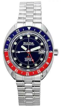 Bulova - Oceanographer GMT Stainless Automatic Snorkel 24 Jewels96B405 200M Diver Mens Watch Steel Blue Dial - Silver, Blue
