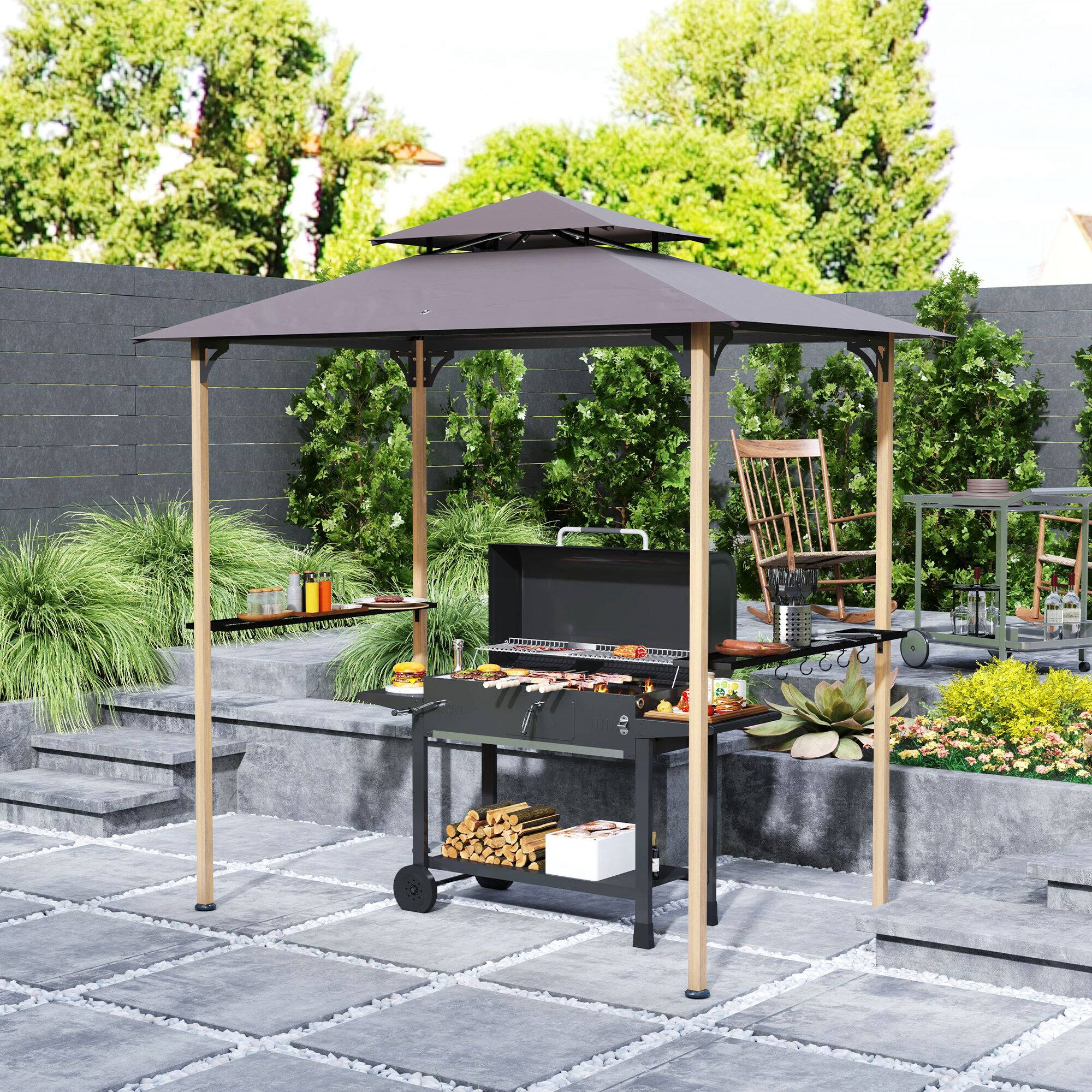 Alt View 1. Outsunny - 8' x 5' Grill Gazebo, Double Tiered Outdoor BBQ Gazebo with 2 Side Shelves and 10 Hooks, UV & Water Resistant - Natural Wood.