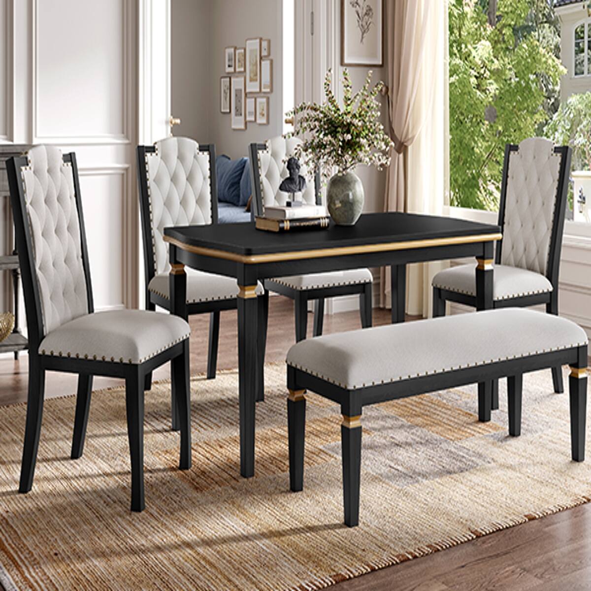 Back. Loheer - Loheer 6 Piece Dining Table Set with Bench, 60 Inch Rectangular Table and Upholstered Chairs, Black - Black.
