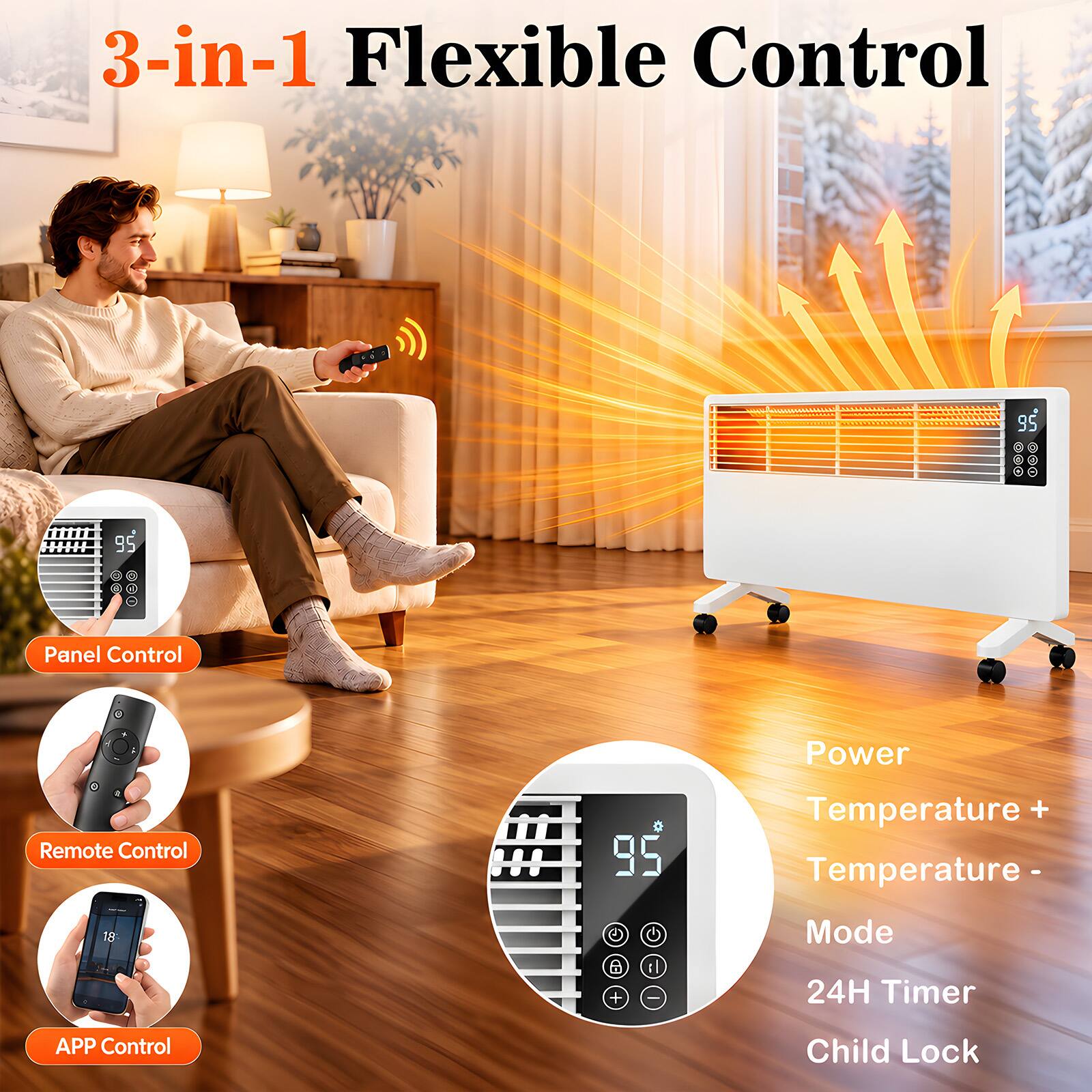3-in-1 Flexible Control

Panel Control
Remote Control
APP Control

Power
Temperature +
Temperature -
Mode
24H Timer
Child Lock