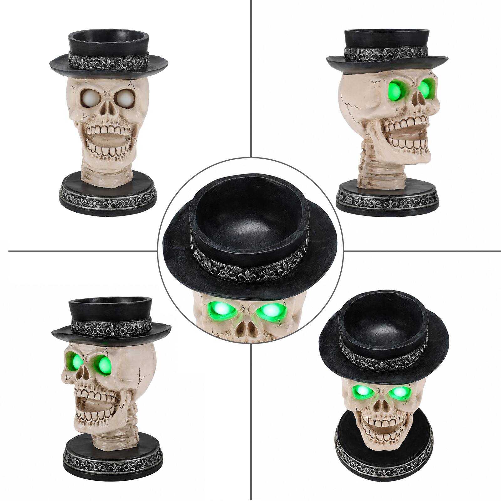 Alt View 1. Anysun - Skull Candle Holder with Glowing Green Eyes – Gothic Skeleton Statue with Black Top Hat, Spooky Halloween Tabletop Decor - Black White.