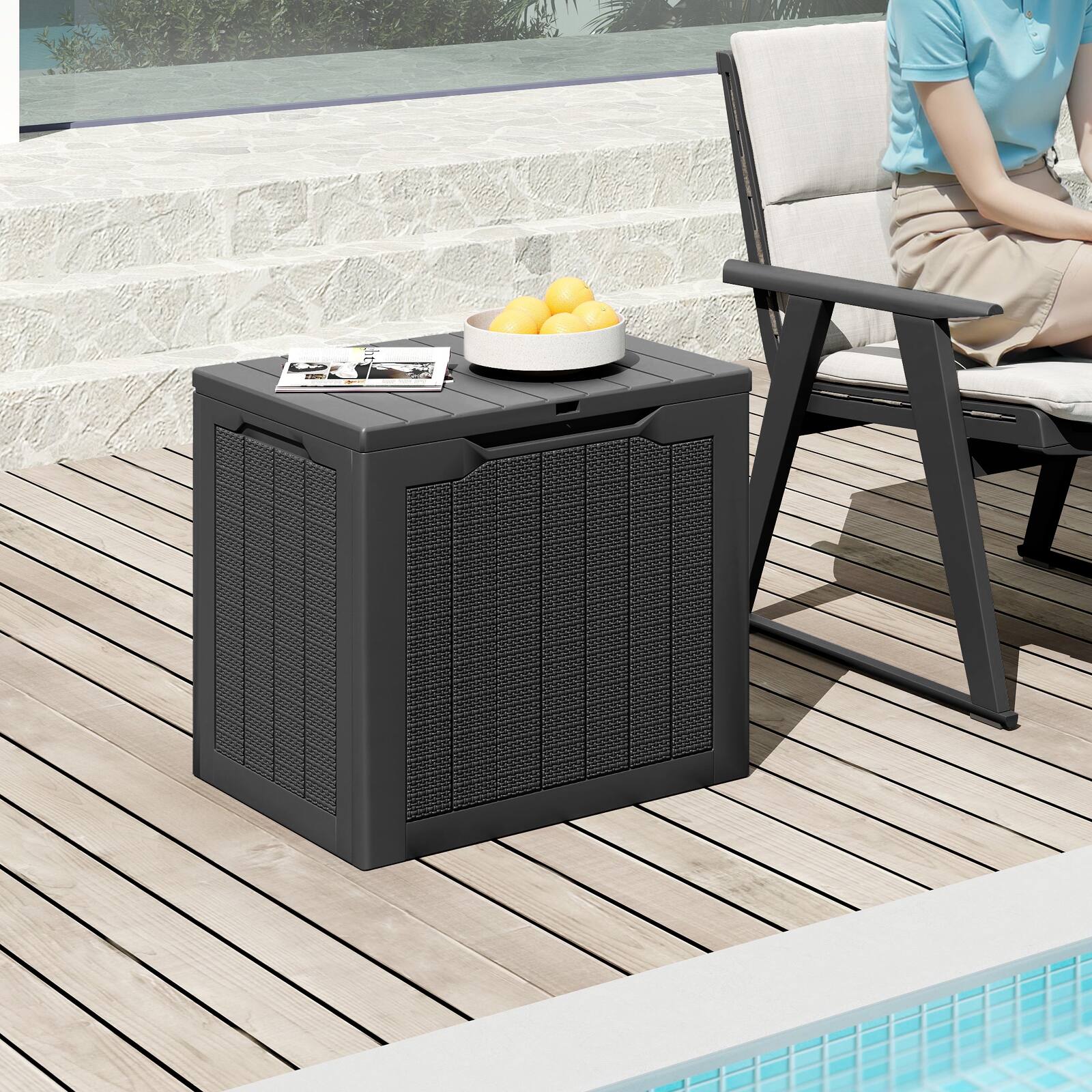 Alt View 1. Gymax - Gymax Outdoor Storage Box w/Lockable Lid & Wicker-woven Texture for Pool Accessories Black - Black.