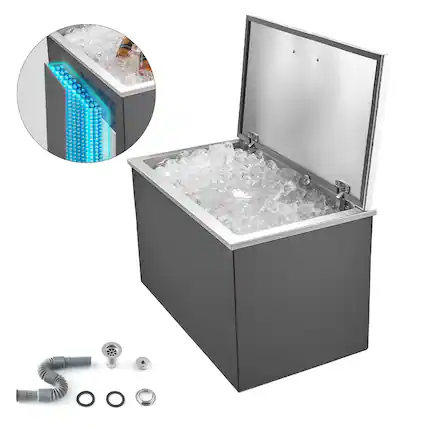 Front. VEVOR - Drop in Ice Chest, 28"L x 16"W x 17"H Stainless Steel Drop in Cooler, 87.6 Quart Commercial Ice Bin with Flip Lid - Silver.