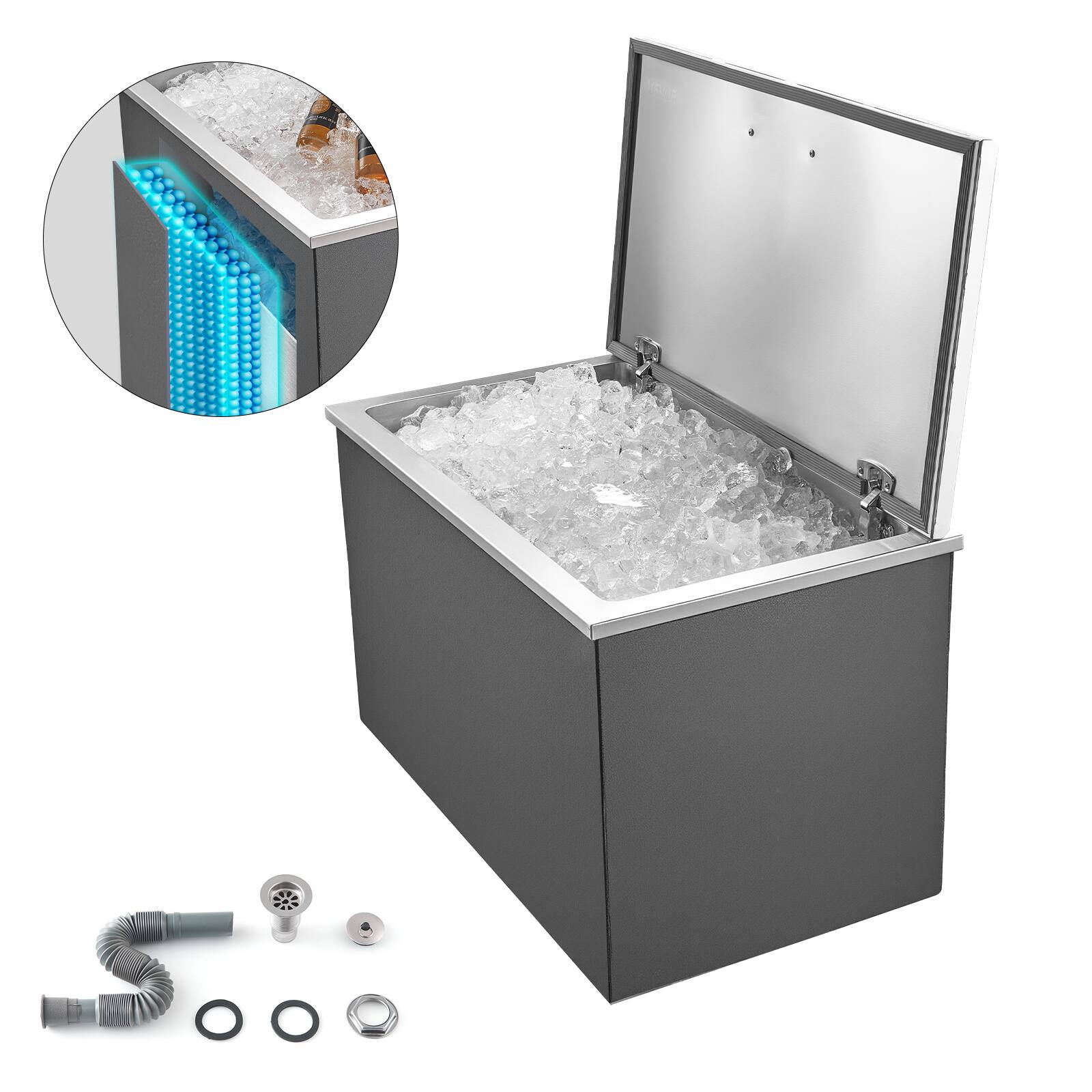 Front. VEVOR - Drop in Ice Chest, 28"L x 16"W x 17"H Stainless Steel Drop in Cooler, 87.6 Quart Commercial Ice Bin with Flip Lid - Silver.