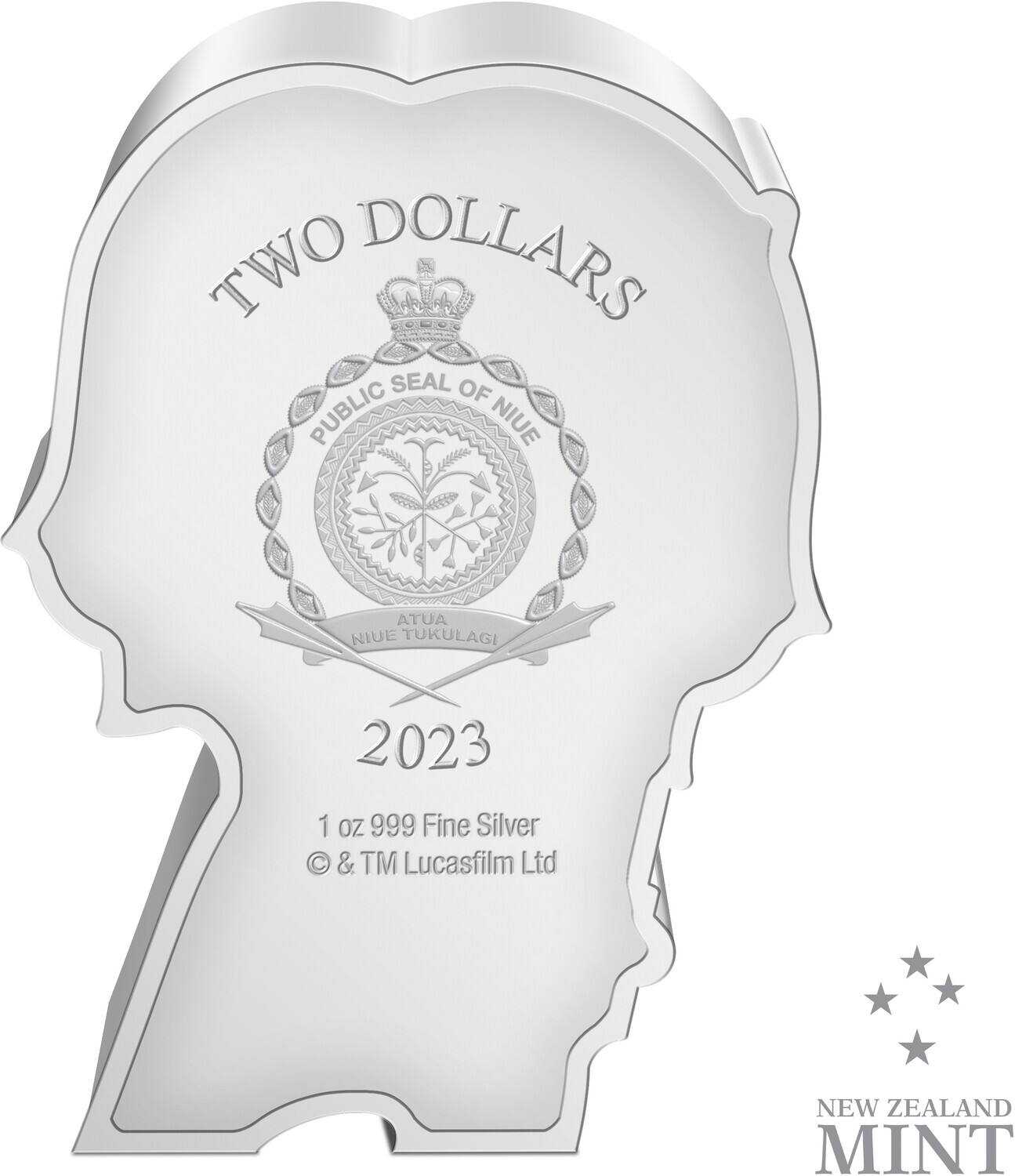 TWO DOLLARS  
PUBLIC SEAL OF NIUE  
ATUA NIUE TUKULAGI  
2023  
1 oz 999 Fine Silver  
© & TM Lucasfilm Ltd  
NEW ZEALAND MINT