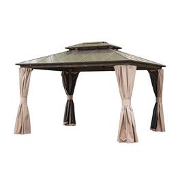 Mondawe - 10x12FT Hardtop Gazebo with Polycarbonate Double Roof - Brown