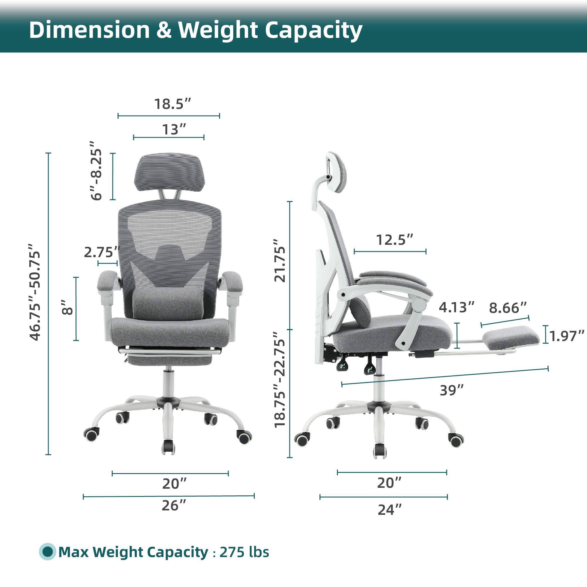 Dimension & Weight Capacity

- Seat Height: 18.5"
- Seat Depth: 20"
- Seat Width: 21.75"
- Back Height: 46.75"-50.75"
- Back Width: 26"
- Armrest Height: 12.5"
- Armrest Width: 24"
- Base Diameter: 20"
- Overall Height: 6"-8.25"
- Overall Width: 26"
- Overall Depth: 24"
- Max Weight Capacity: 275 lbs