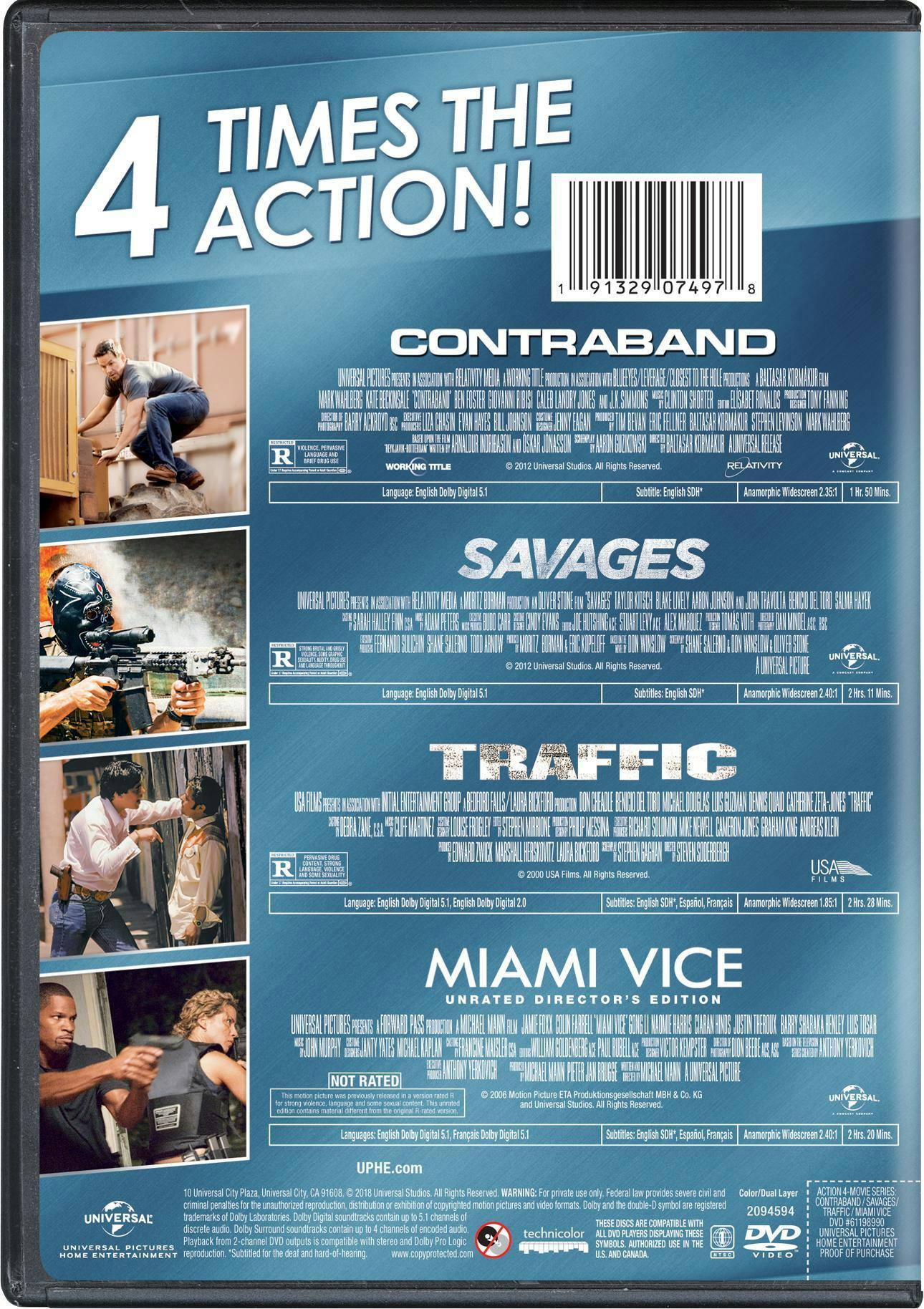 Back. 4-Movie Action Collection (Contraband / Savages / Traffic / Miami Vice) [DVD].