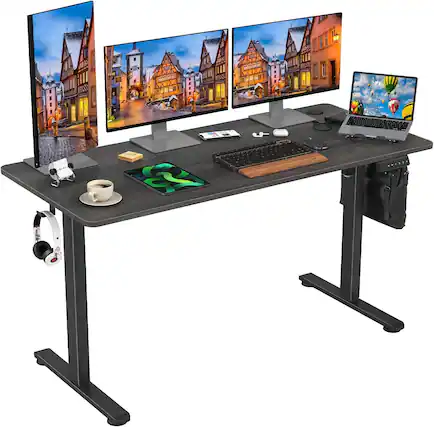 Front. PexFix - Electric Standing Desk 55" for Home Office, Height Adjustable Sit-Stand Desk with Splice Board, 176 lbs Capacity - Dark Walnut.