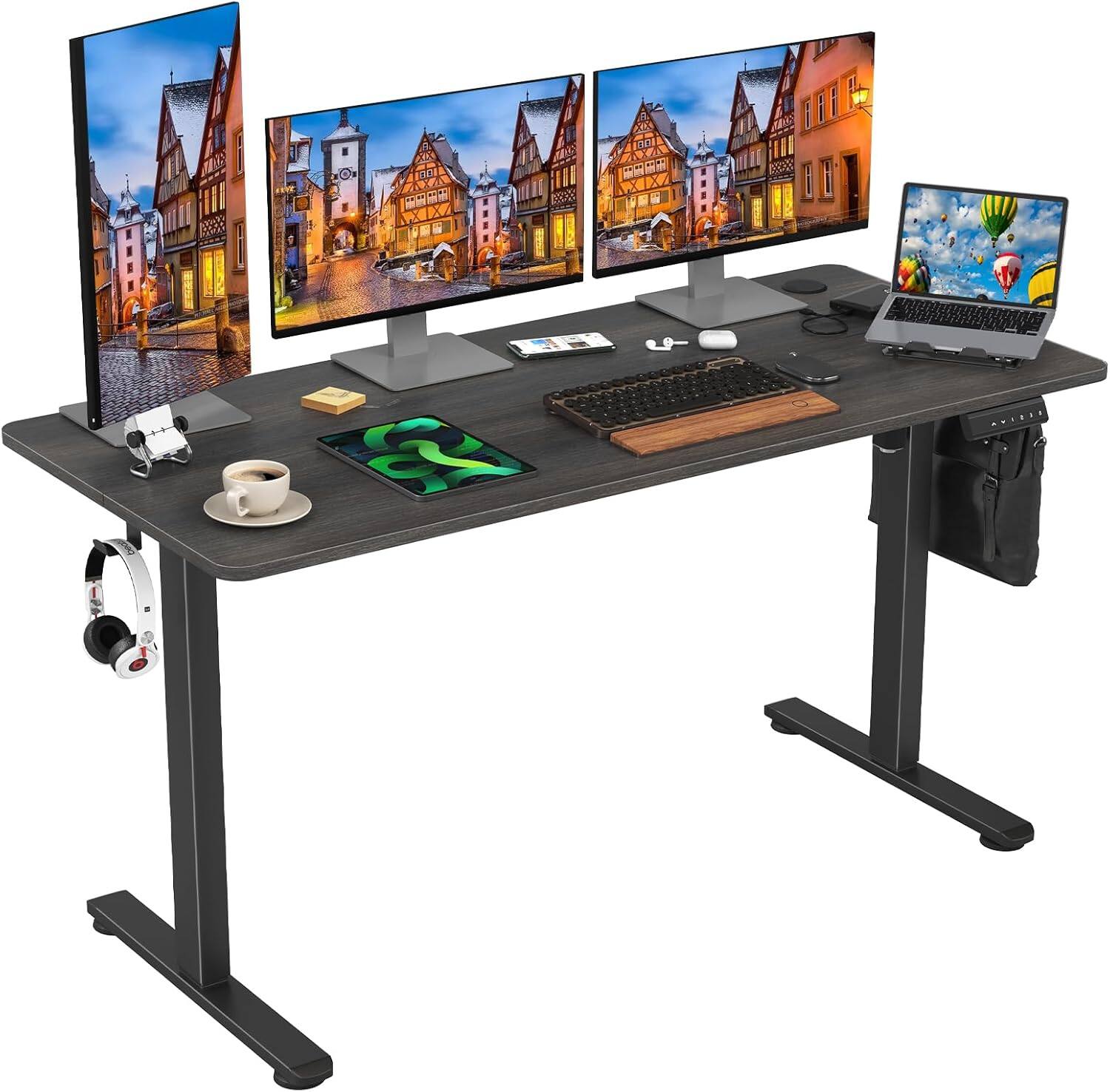 Front. PexFix - Electric Standing Desk 55" for Home Office, Height Adjustable Sit-Stand Desk with Splice Board, 176 lbs Capacity - Dark Walnut.