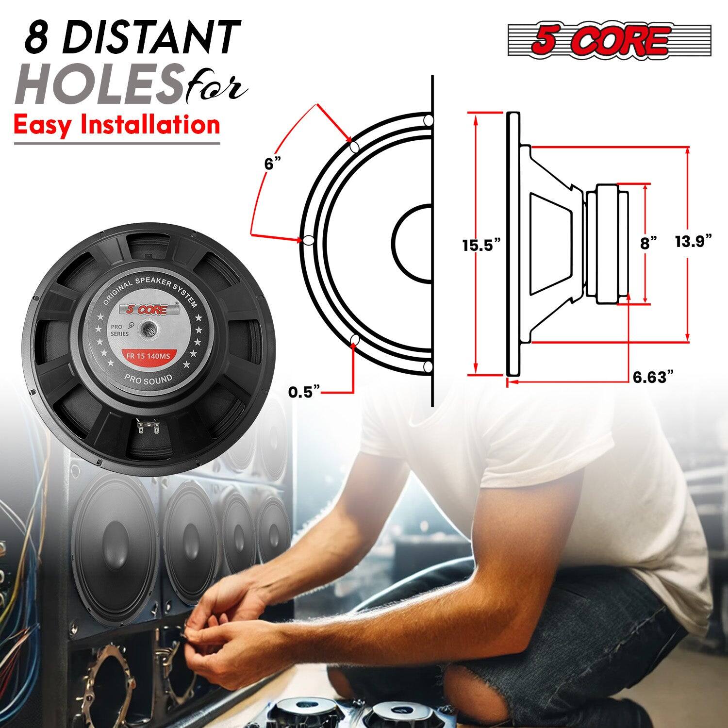 8 DISTANT HOLES for Easy Installation 5 CORE SPEAKER SYSTEM ORIGINAL SPEAKER SYSTEM 5 CORE PRO P SERRS 15.5" 8" 13.9" FR 15 140MS PRO SOUND 0.5" 6.63"