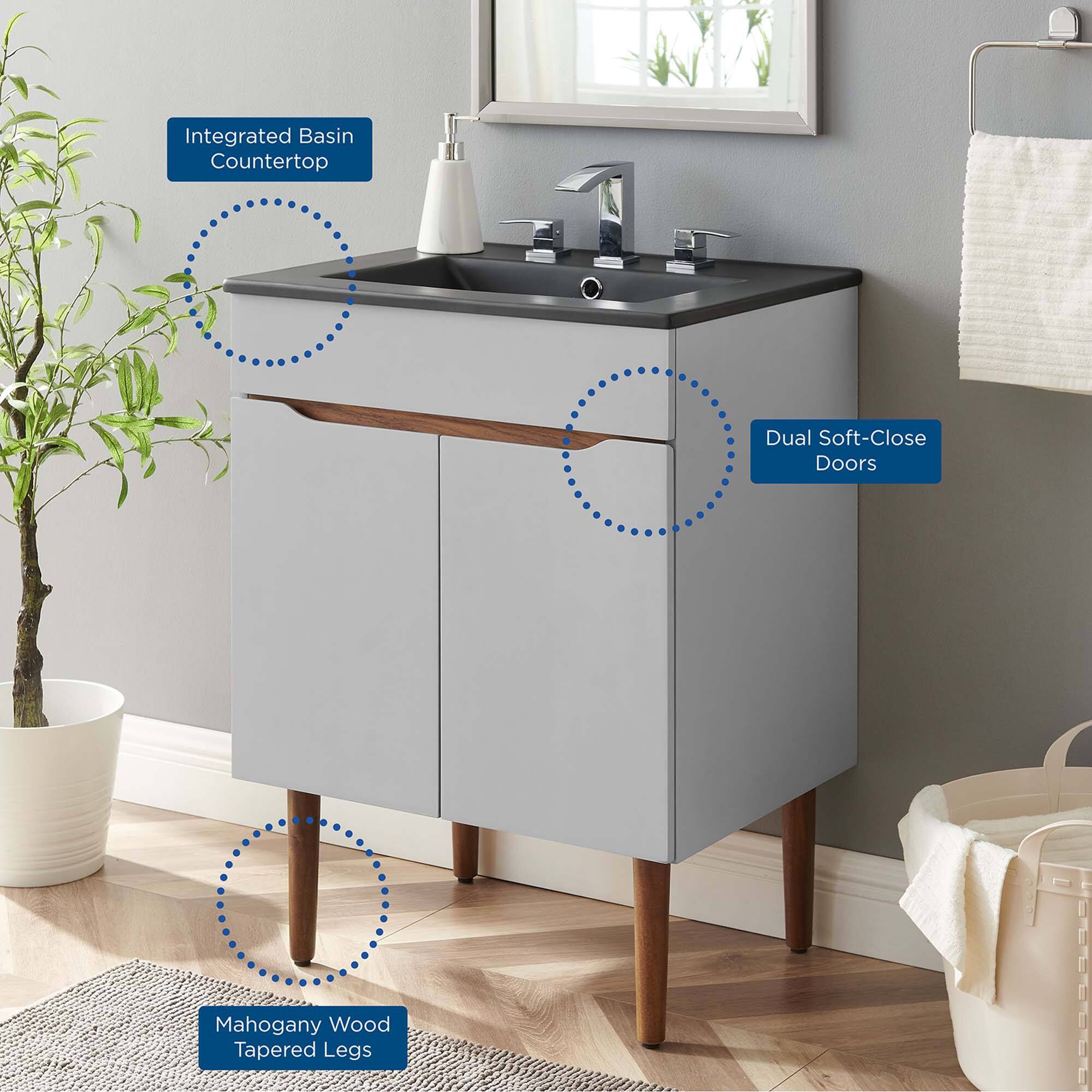 Integrated Basin Countertop  
Dual Soft-Close Doors  
Mahogany Wood Tapered Legs