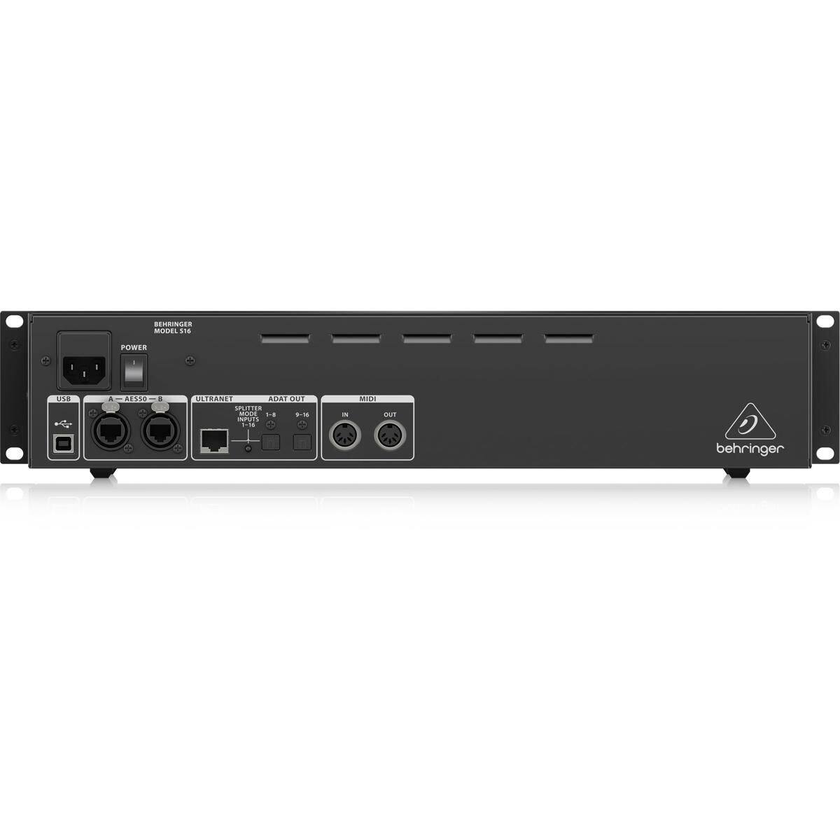 BEHRINGER MODEL 516

POWER
USB
A - AES50 - B
ULTRANET ADAT OUT SPLITTER MODE 1-8 9-16 INPUTS 1-16
MIDI IN
MIDI OUT

behringer