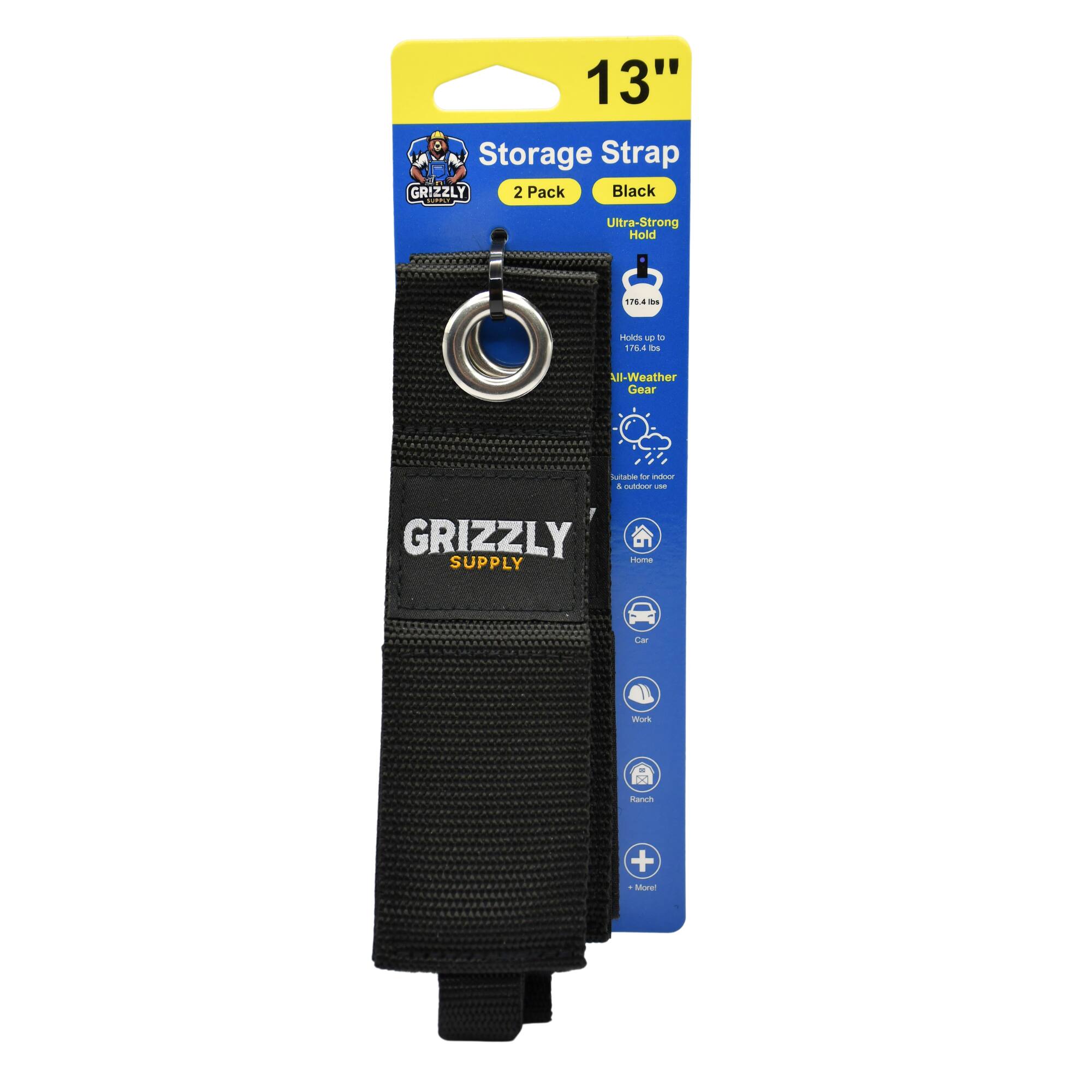 13" Storage Strap GRIZZLY 2 Pack Black Ultra-Strong Hold 176.4 lbs All-Weather Gear - Grizzly Supply