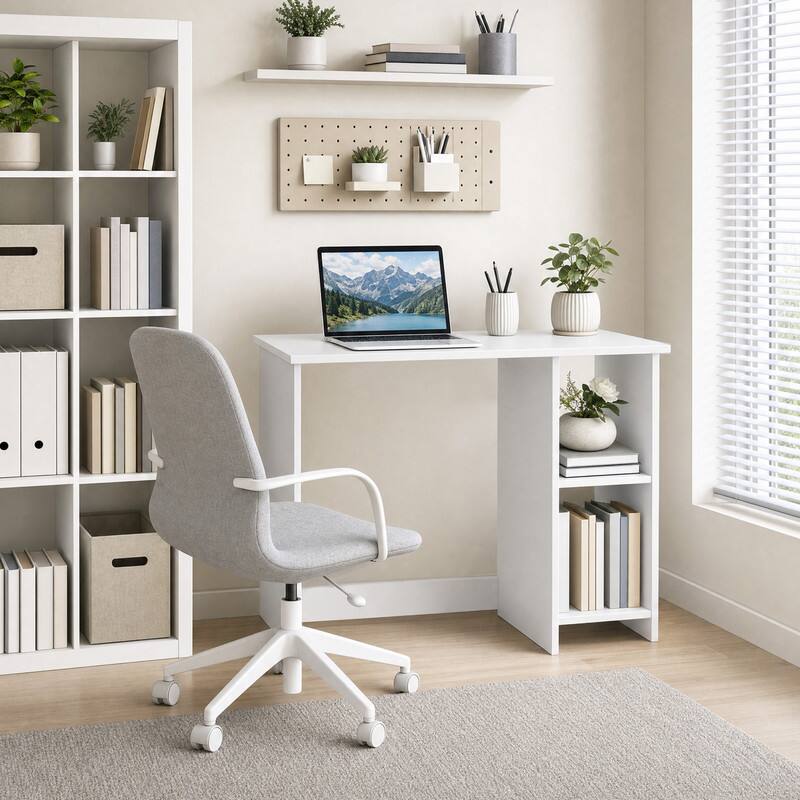 Angle. WELLFOR - 31.5 " Modern Home Office Desk with 2 Compartments, Wood Computer desk for Small Space - White.