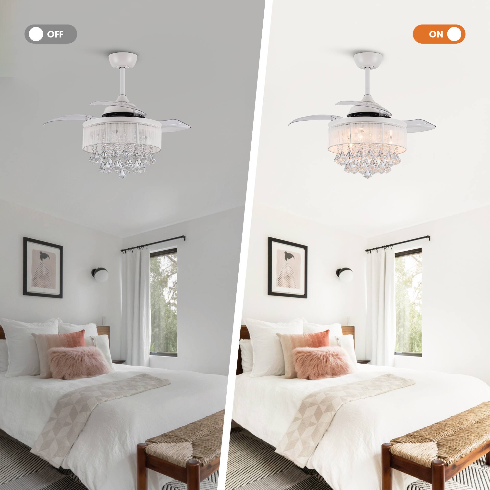 Alt View 1. Parrot Uncle - 36" Modern Retractable 3-Blade Crystal Ceiling Fan Fandelier with Remote - Matte White.