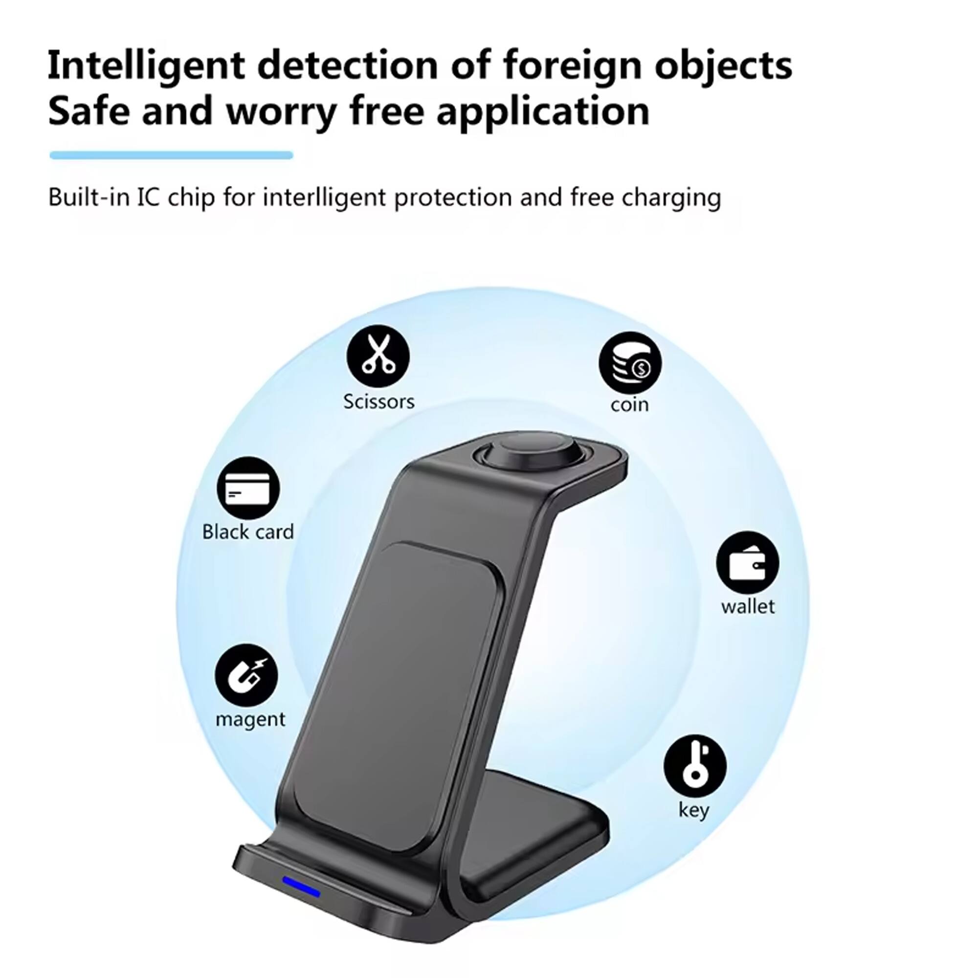 Intelligent detection of foreign objects  
Safe and worry free application  

Built-in IC chip for intelligent protection and free charging  

- Scissors  
- Coin  
- Black card  
- Wallet  
- Magnet  
- Key