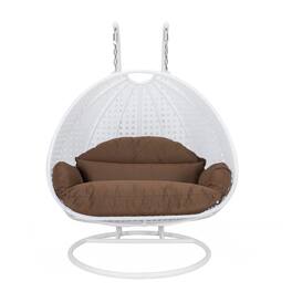 LeisureMod - Modern 2-Person Outdoor Egg Swing White Wicker Chair with Stand, Plush Washable Cushions & Waterproof Cover - Brown