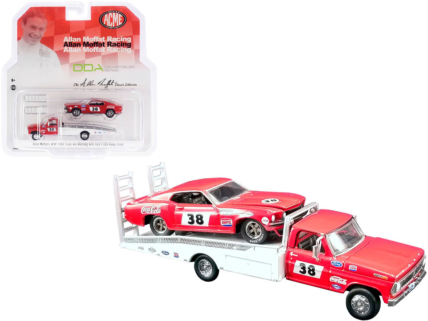 Allan Moffat Racing  
Allan Moffat Racing  
Allan Moffat Racing  

BASIN ACME  
EOORANT  

B+ 64  

A le R At Disot Callarti Coh  

38 a N 38  

Alun Moffat's B18 1965 Trans Am Mustang with Ford F-350 Ramp Truck  

Coca-Cola  

38  

AMPOL  

38  

DeRT N CaFooda  

UVILI