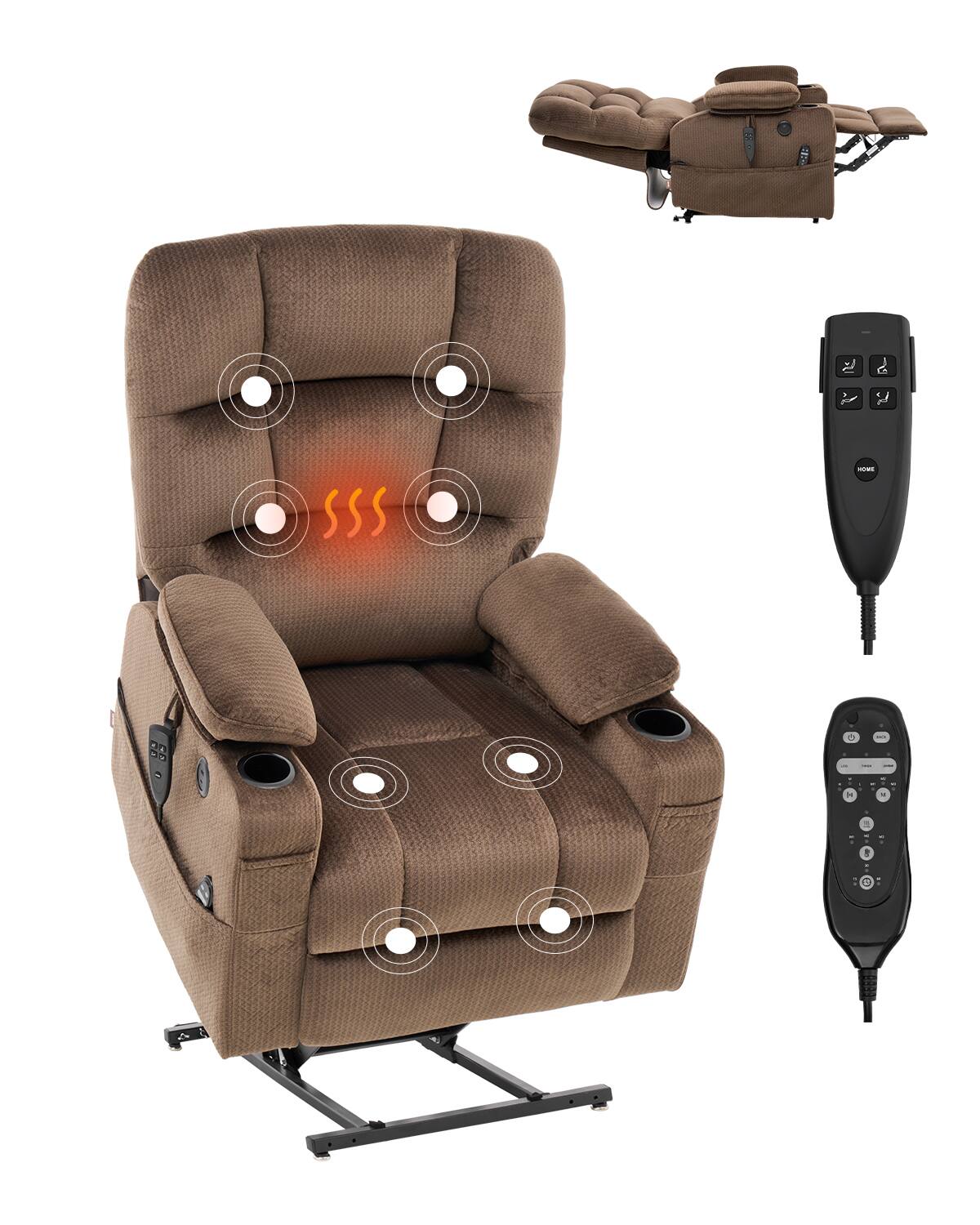 Front. VEVOR - Power Lift Recliner Chair, Lift Chair with Heat and Massage for Elderly, Dual Motor Recliner Chair with 2 Cup holders - Brown.