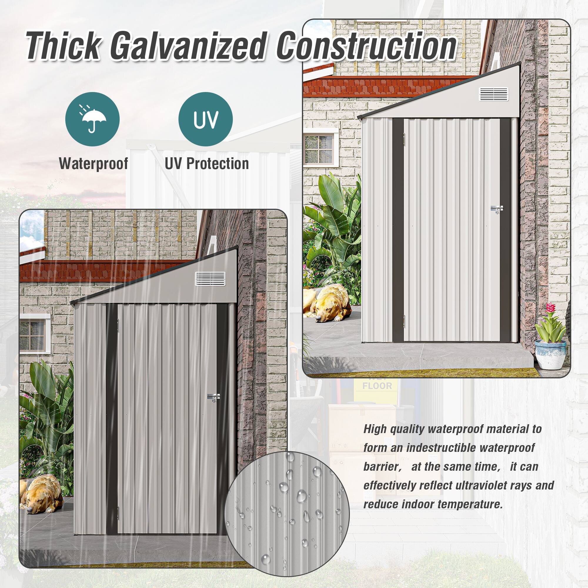 Thick Galvanized Construction

- Waterproof
- UV Protection

High quality waterproof material to form an indestructible waterproof barrier, at the same time, it can effectively reflect ultraviolet rays and reduce indoor temperature.
