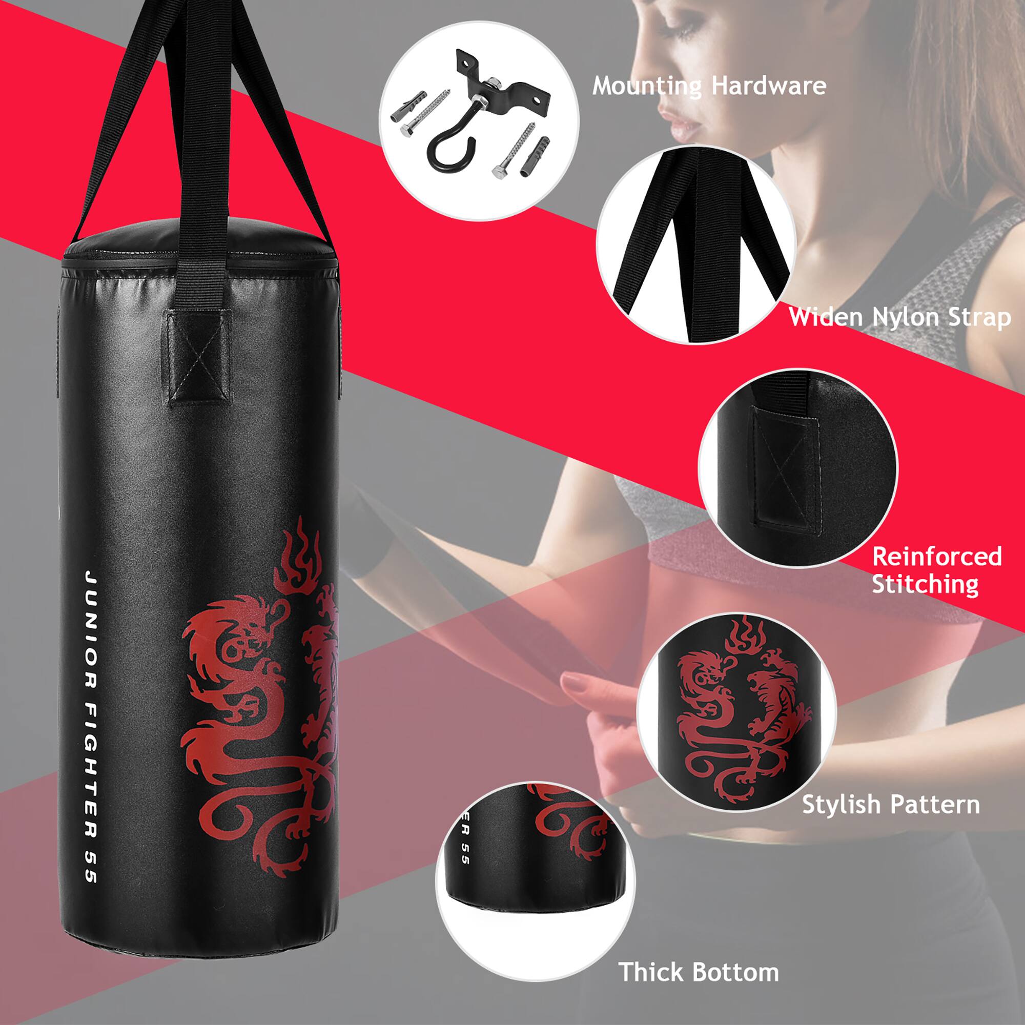 Mounting Hardware  
Widen Nylon Strap  
Reinforced Stitching  
Stylish Pattern  
Thick Bottom  

JUNIOR FIGHTER 55