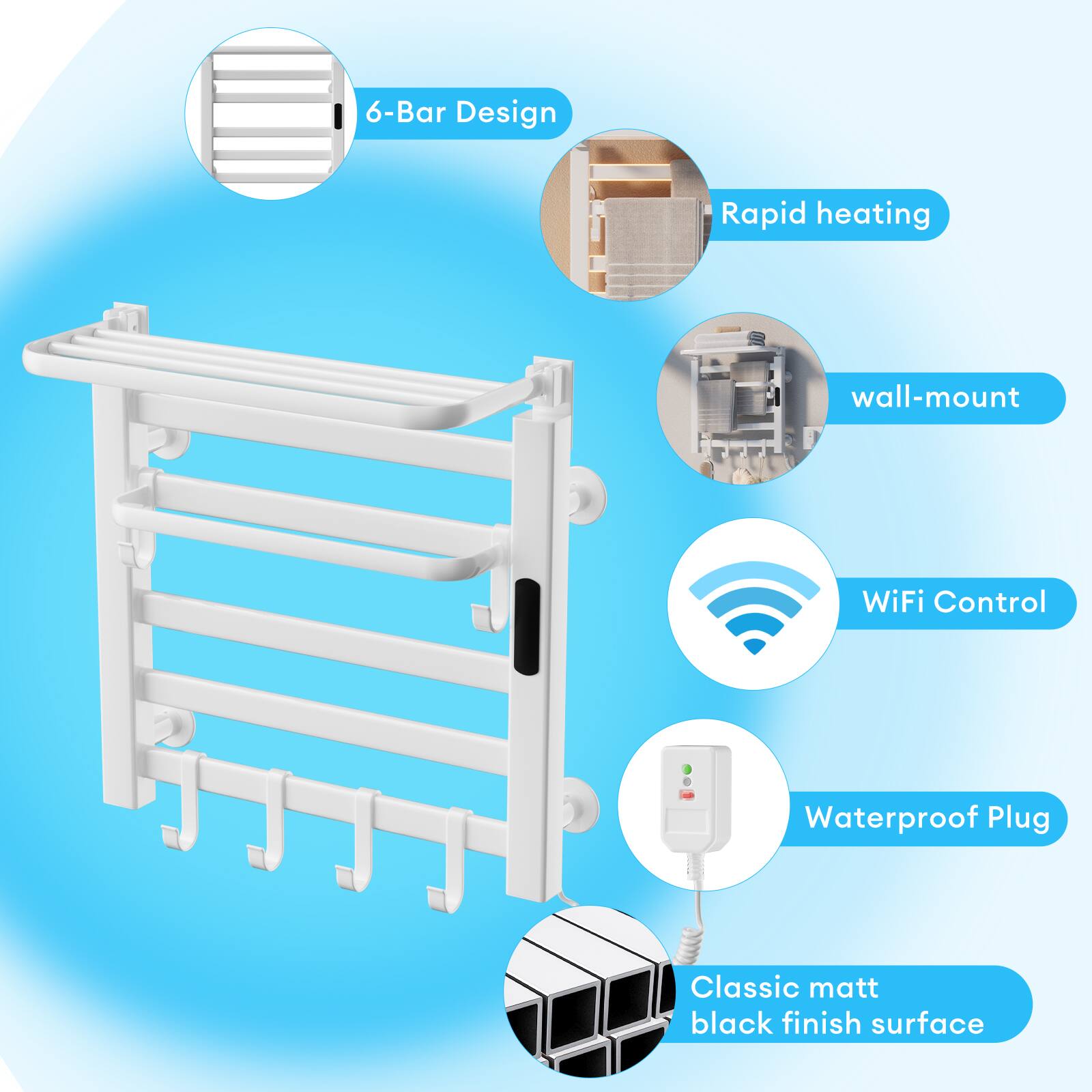 6-Bar Design  
Rapid heating  
Wall-mount  
WiFi Control  
Waterproof Plug  
Classic matt black finish surface