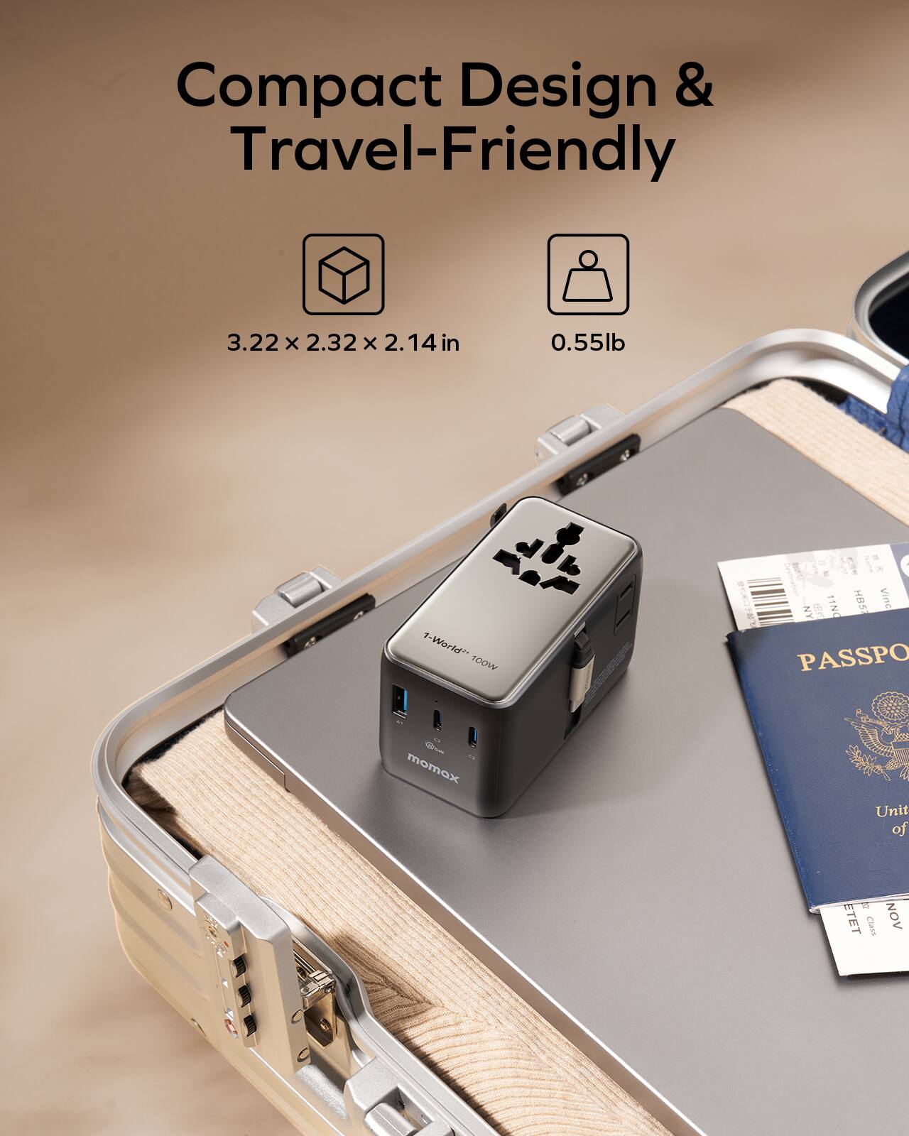Compact Design & Travel-Friendly  
3.22 x 2.32 x 2.14 in  
0.55 lb  

1-World  
nomox  
PASSPORT  
Unit of the United States of America  
Class NOV