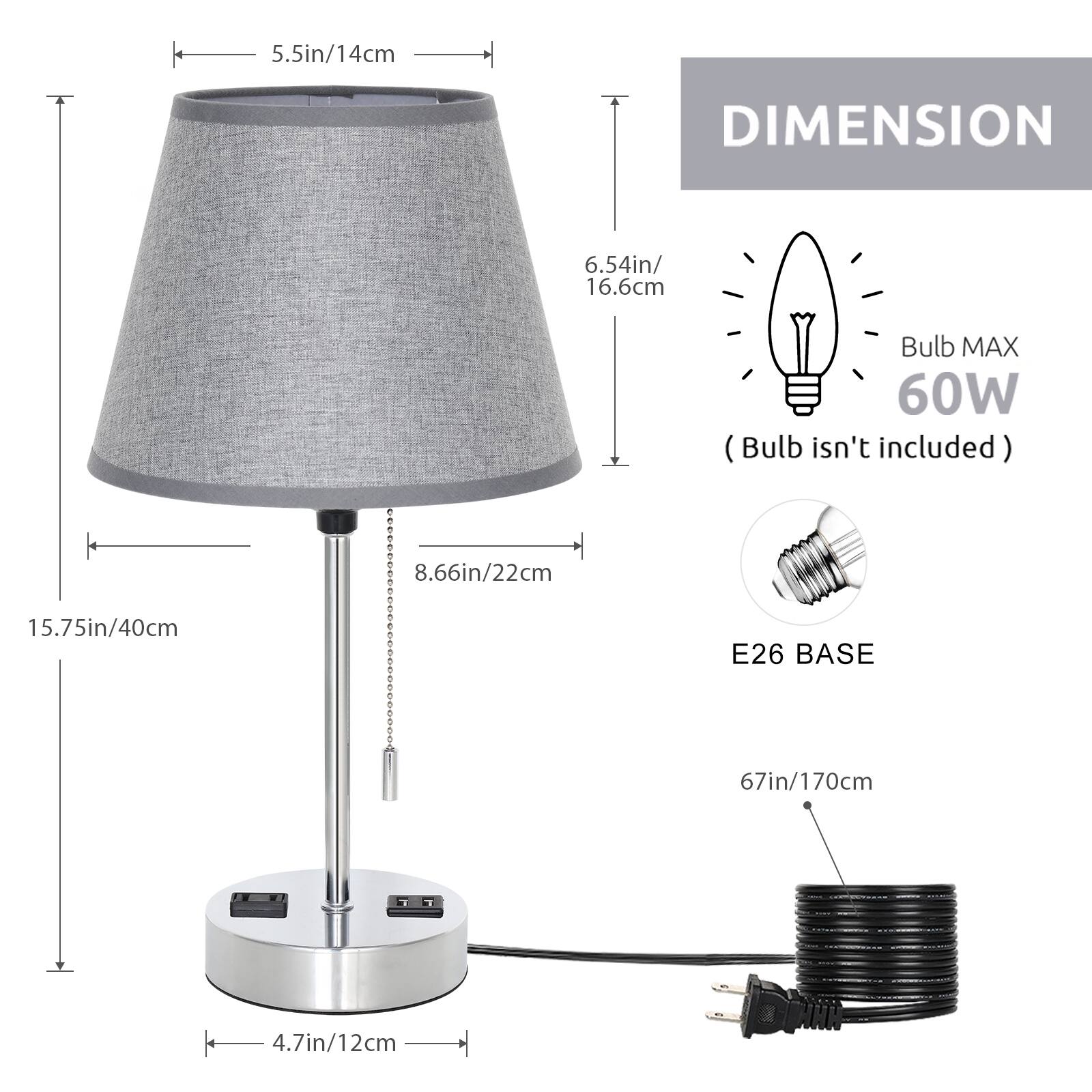 5.5in/14cm  
6.54in/16.6cm  
8.66in/22cm  
15.75in/40cm  
4.7in/12cm  
67in/170cm  

DIMENSION  
Bulb MAX 60W (Bulb isn't included)  
E26 BASE