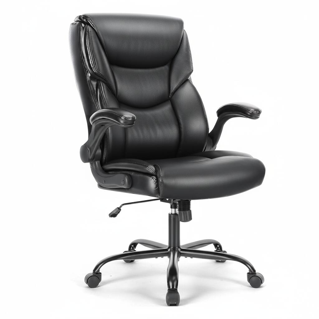 Front. AOITUN - Comfort Executive Office Chair for Long Work Hours, Brown PU Leather Seat with Flip-Up Arms, Ideal for Home or Office - Black.