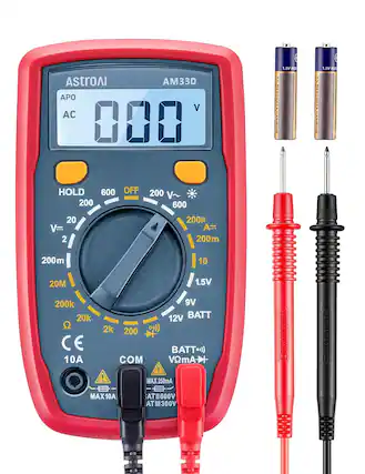 AstroAI AM33D
APO AC 0.00 V
HOLD 200 600 OFF 200 V~ 600 200μ A 200m 200m 10 20M 200k 20k
CE 10A 1.5V 9V 12V BATT 2k 200 BATT COM VΩmA
MAX 250mA I MAX 10A AT II 600V II AT III 300V
MERCURY CADMIUM 1.5V R
1.5V R03 MERCURY CADMIUM